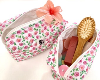 Gewatteerde make-up tas, roze bloemen make-up tas, cosmetische tas, esthetische etui, toilettas, reistas, cadeau voor haar