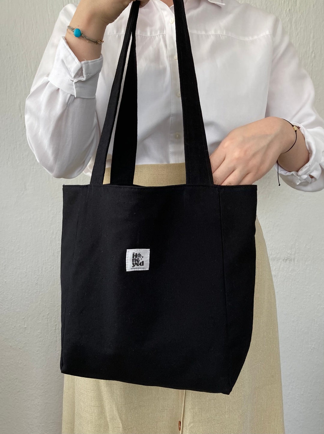 Black Canvas Bag Everyday Canvas Shoulder Tote Bags Tote Bag Etsy