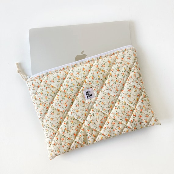 Quilted Laptop Sleeve, Floral Cotton iPad Tablet Bag, Macbook Case, Mother's Day Gift Ideas