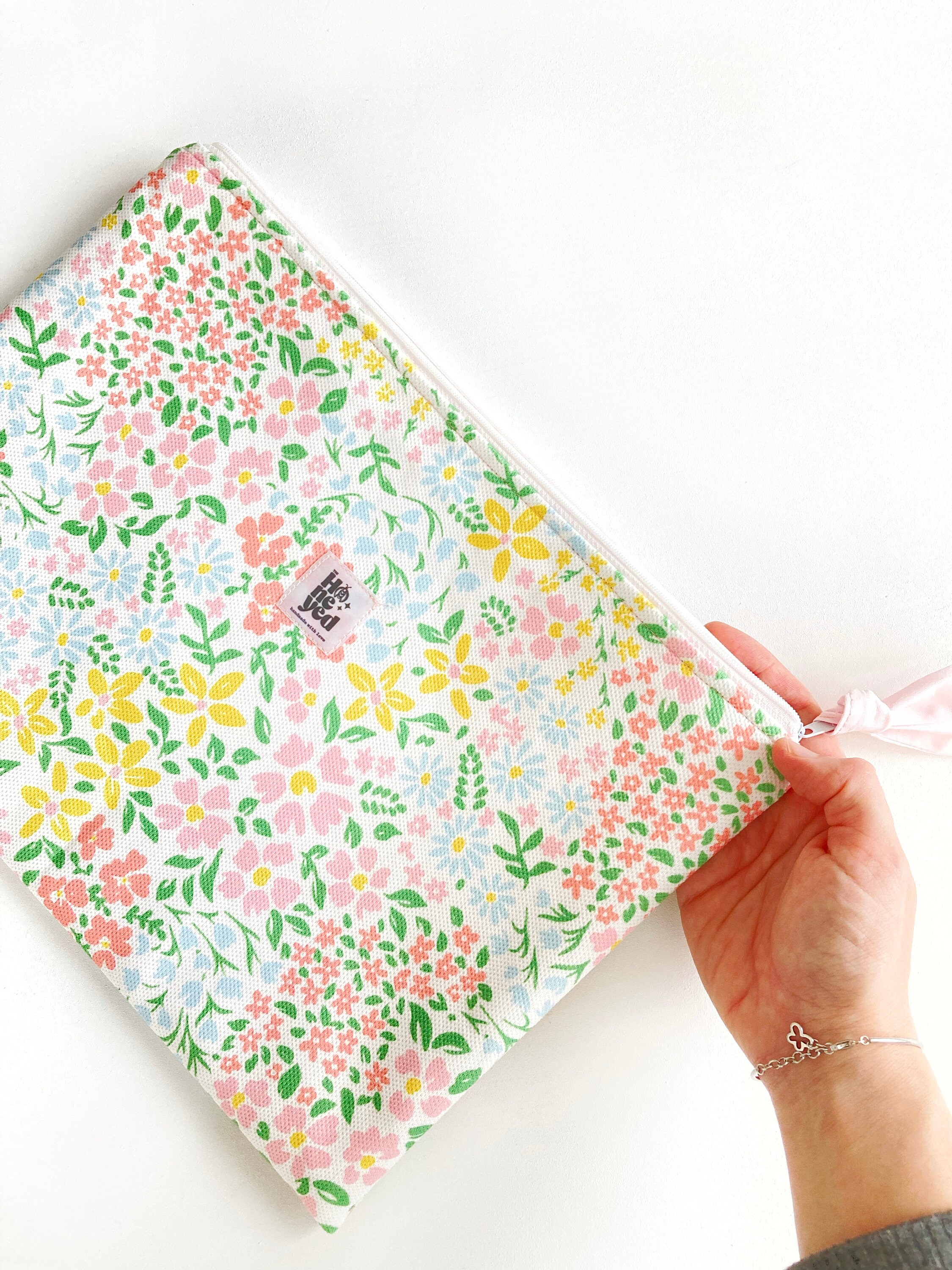 Pink Floral Laptop Sleeve, Laptop iPad Tablet Sleeve With Cotton Lining
