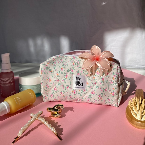 Handmade Floral Makeup Bag, Cotton Toiletry Bag, Quilted Cosmetic Pouch