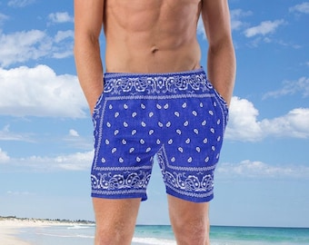 Bright Blue Bandana Swim Trunks, Men's Bandana Swim Short, Eco