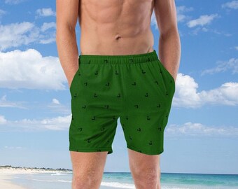 Men's Deep Green Flamingo Floatie Swim Trunks, Men's Surf Shorts, Plus Size Swim Trunks, Big And Tall Swim Trunks, Gift For Him, Swim Shorts