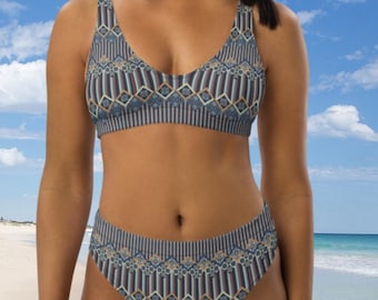 Bikini a vita alta azteco, bikini a copertura totale, costumi da bagno due pezzi, bikini taglie forti, materiale riciclato, tessuto ecologico, costumi da bagno carini