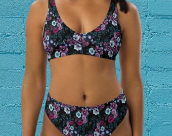 Bikini a vita alta con fiori di campo ad acquerello, bikini a copertura totale, materiale riciclato, costume da bagno due pezzi, regali per lei, bikini taglie forti