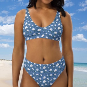 Bikini de cintura alta con margaritas de encaje, bikini de cobertura total, bikini de talla grande, traje de baño de dos piezas, traje de baño floral, ecológico, bikinis bonitos