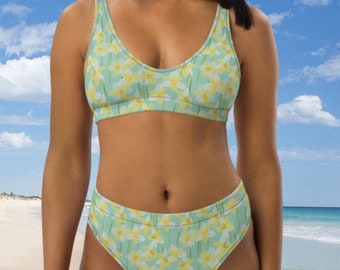 Daffodils High-Waisted Bikini, Full Coverage Bikinis, Two-Piece Swimsuits, Plus Size Bikini, Recycled Material, Eco-Fabric, Floral Swimsuits