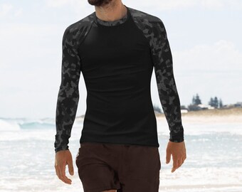 Rash Guard nero mimetico da uomo, camicie di protezione solare, camicie da surf, camicie da canottaggio, camicie sportive, regali per lui, regali per i cacciatori, camicie mimetiche
