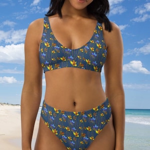 Blue And Yellow Wildflowers High-Waisted Bikini, Full Coverage Bikini, Two Piece Swimsuit, Plus Size Bikini, Floral Swimwear, Eco-Friendly