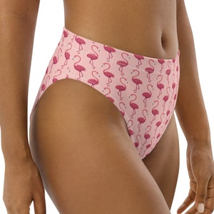 Pink Flamingos High-Waisted Bikini Bottom, Recycled Material Bikini Bottom, Bikini Separates, Full Coverage Bikini Bottom, Flamingo Bikinis