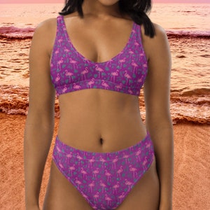 Fuchsia Pink Flamingo High-Waisted Bikini, Bright Tropical Swimsuit, Full Coverage Bikini, Flamingo Lovers Swimsuits, Recycled Bikini