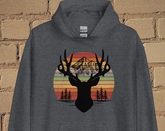 Deer Sunset Hoodie, Deer, Elk, Stag, Mountain Antlers, Gifts For Him, Gifts For Her, Gift For Hunters, For The Outdoorsman, Plus Size Hoodie
