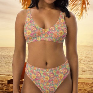 Sonnige Blumen recycelter Bikini mit hoher Taille, zweiteilige Badeanzüge, Geschenke für sie, Bikinis mit vollständiger Abdeckung, Badeanzüge mit Blumendruck, Größen bis 3X