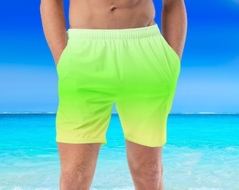 Bright Lime Ombre Men's Swim Trunks, Surf Shorts, Swim Shorts, Guys Swim Trunks, Plus Size Swim Trunks, Tropical Swim Trunks, Eco-Friendly