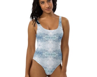 Blue & White Lace Tie-Dye One-Piece Swimsuit, Cute Swimsuits, Plus Size Swimwear, Sizes to 3X, Popular New Swimsuits, Flattering Swimsuits