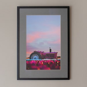 Pink Tractor Pink Sky Premium Matte Poster, Farm & Country Pictures, Bright Color Wall Art, Unique Wall Art, Flower Pictures, Rustic Modern