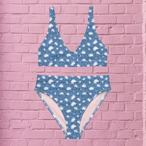 May include: A blue and white floral print bikini with a high-waisted bottom and a triangle top.