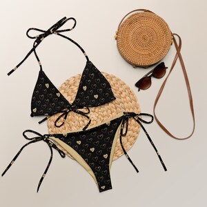 Heart Of Gold String Bikini, Cheeky Bikini, Black Bikini, Plus Size Bikini, Gold Hearts Bikini, Eco-Friendly Bikini, Sexy Bikini, Vacation