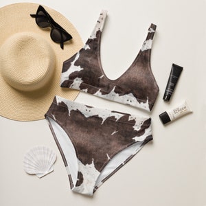 Simpatico bikini a vita alta con stampa in pelle di vacchetta, bikini a copertura totale, bikini taglie forti, mucche d&#39;amore freakin, regali per lei, regali per cowgirl, mucche