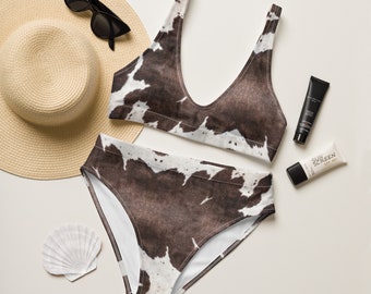 Cute Cowhide Print High-Waisted Bikini, Full Coverage Bikini, Plus Size Bikini, Freakin Love Cows, Gifts For Her, Gifts For Cowgirls, Cows