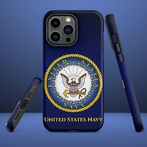 May include: Navy blue phone case featuring the United States Navy emblem. The emblem includes a gold rope border, an eagle, and the text "United States Navy". The case is shown from multiple angles.