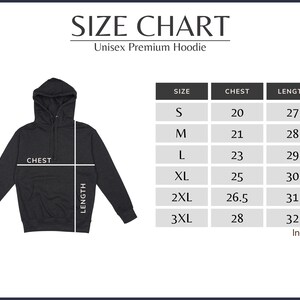K&ouml;nnte beinhalten: Gr&ouml;&szlig;entabelle f&uuml;r ein Unisex-Premium-Hoodie, mit Ma&szlig;en in Zoll f&uuml;r Brustumfang und L&auml;nge, f&uuml;r die Gr&ouml;&szlig;en S bis 3XL.