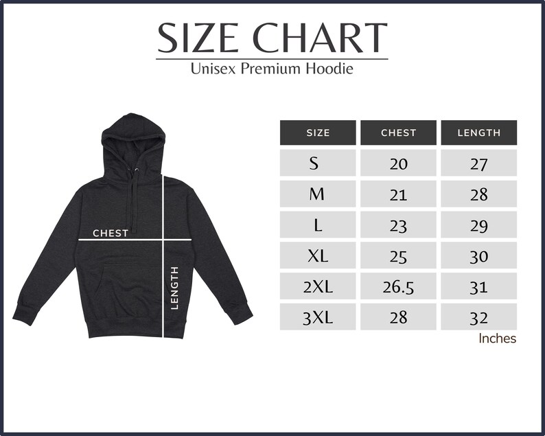 K&ouml;nnte beinhalten: Gr&ouml;&szlig;entabelle f&uuml;r ein Unisex-Premium-Hoodie, mit Ma&szlig;en in Zoll f&uuml;r Brustumfang und L&auml;nge, f&uuml;r die Gr&ouml;&szlig;en S bis 3XL.
