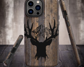 Rustic Mountain Buck Tough iPhone Case, Deer, Elk, Woodgrain iPhone Case, Gift For Hunters, Gift For Cowboys, Gift For Him, Gift For Rancher