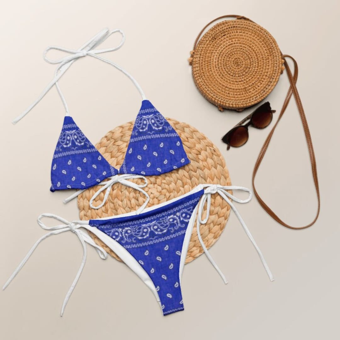 Bright Blue Bandana String Bikini, Eco-friendly Swimwear, Plus