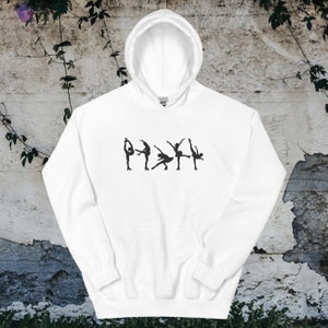 May include: White hooded sweatshirt with a black silhouette of five figure skaters in different poses.