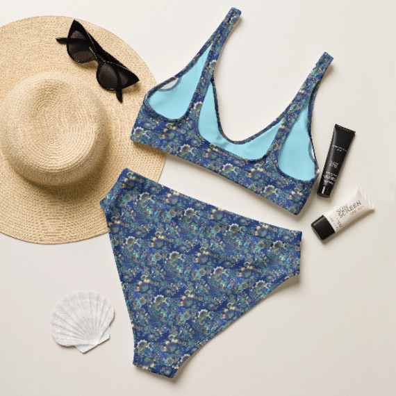 Blue Floral High-waisted Bikini, Full Coverage Bikinis, Two-piece Swimsuits,  Plus Size Bikini, Recycled Material, Eco-fabric, Cute Swimsuits 