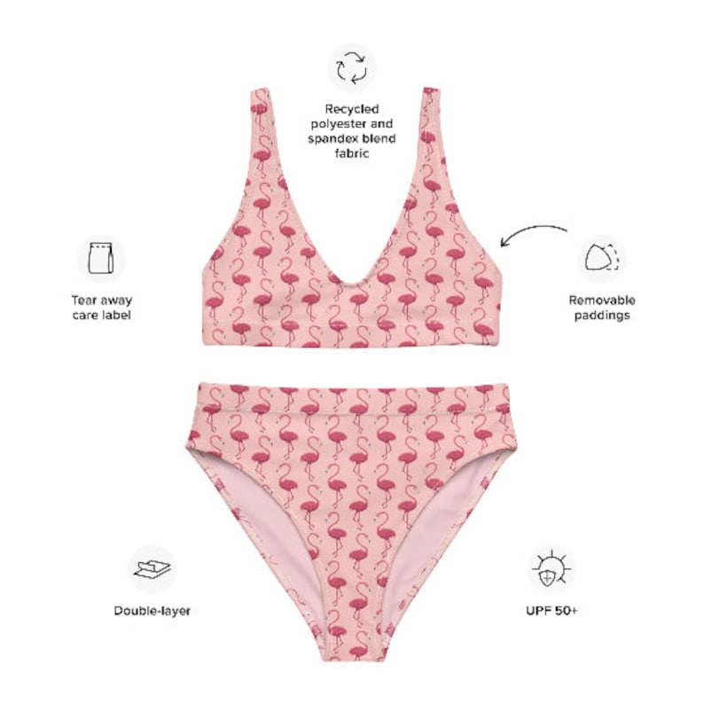 Puede incluir: Conjunto de bikini de dos piezas con estampado de flamencos rosas. El top tiene un dise&ntilde;o de cuello en V, y la parte inferior de cintura alta es de doble capa. La tela es una mezcla de poli&eacute;ster reciclado y spandex, con almohadillas extra&iacute;bles y protecci&oacute;n UPF 50+.