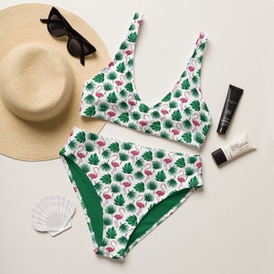 Tropical Flamingos High-Waisted Bikini, Full Coverage Bikini, Flamingo Lovers Bikini, Eco-Friendly Swimsuit, Plus Size Bikini, Pink Flamingo