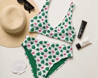 Tropical Flamingos High-Waisted Bikini, Full Coverage Bikini, Flamingo Lovers Bikini, Eco-Friendly Swimsuit, Plus Size Bikini, Pink Flamingo