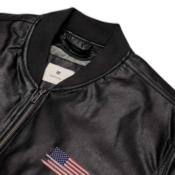 American Flag Embroidered Leather Style Bomber Jacket, Retro