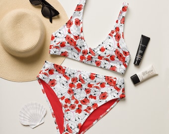 Paper Poppies Recycled High-Waisted Bikini, Flower Bikinis, Two-Piece Swimsuits, Full Coverage Bikinis, Summer Apparel, Sizes to 3X