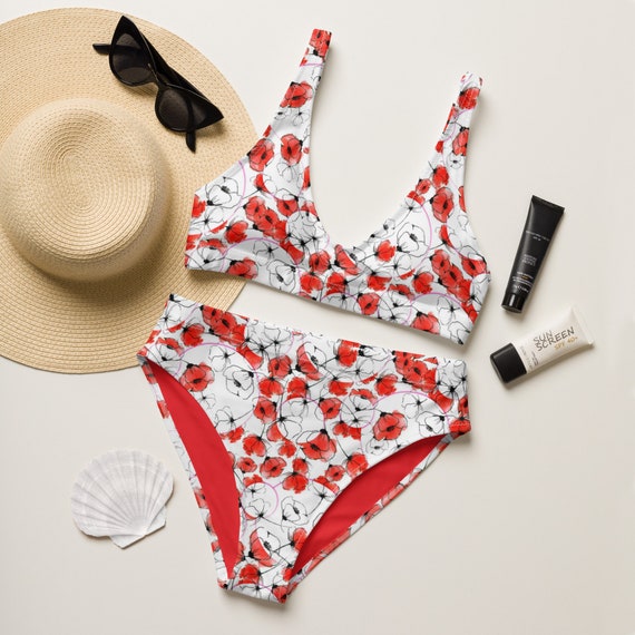 Paper Poppies Recycled High-waisted Bikini, Flower Bikinis, Two-piece  Swimsuits, Full Coverage Bikinis, Summer Apparel, Sizes to 3X 