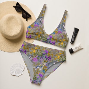 Wildflowers Recycled High-Waisted Bikini, Two-Piece Swimsuits, Support Swimsuits, Swimwear, Gifts For Her, Recycled Material, Cute Swimsuits