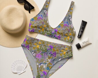 Wildflowers Recycled High-Waisted Bikini, Two-Piece Swimsuits, Support Swimsuits, Swimwear, Gifts For Her, Recycled Material, Cute Swimsuits