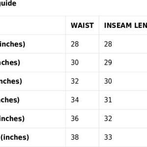 May include: Size guide for clothing with waist and inseam length measurements in inches. Sizes include XS, S, M, L, XL, and 2XL.