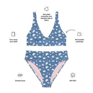May include: A blue floral print bikini top and bottom with removable padding. The fabric is made from recycled polyester and spandex blend. The bikini bottom is double-layered and has a high-cut leg.