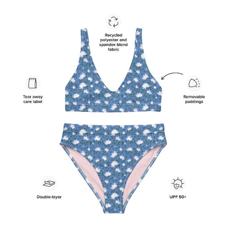 May include: A blue floral print bikini top and bottom with removable padding. The fabric is made from recycled polyester and spandex blend. The bikini bottom is double-layered and has a high-cut leg.