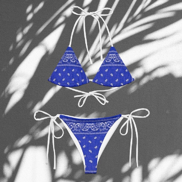 Bright Blue Bandana String Bikini, Eco-friendly Swimwear, Plus Size ...