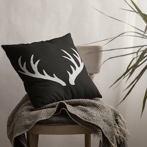 White Antlers Black Pillow, Throw Pillows, Decorative Pillows, Rustic Modern, Lodge Style Decor, Deer & Elk, Log Cabin Decor, Outdoors
