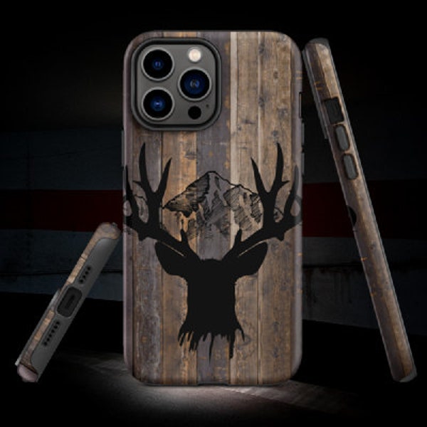 Rustic Mountain Buck Tough iPhone Case, Deer, Elk, Woodgrain iPhone Case, Gift For Hunters, Gift For Cowboys, Gift For Him, Gift For Rancher