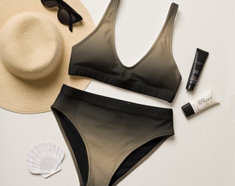 Brown Black Ombre High-Waisted Bikini, Full Coverage Bikini, Plus Size Bikinis, Eco-Friendly Swimwear, Recycled Material Bikini,