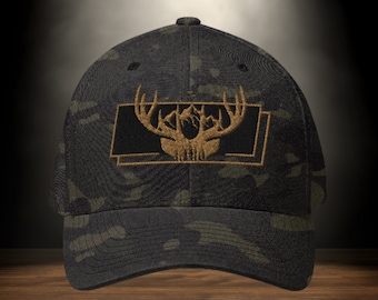 Framed Mountain Antlers Flex-Fit Hat, Buck Dad Hat, Gifts For Him, Gifts For Dad, Gifts For Hunters, Deer & Elk Hats, Flex-Fit Caps