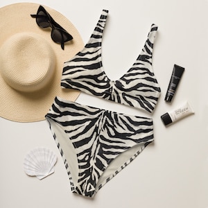 Soft Zebra Print High-Waisted Bikini, Full Coverage Bikinis, Cute Swimsuits, Plus Size Bikini, Recycled Bikini, Animal Print Bikini, Zebra