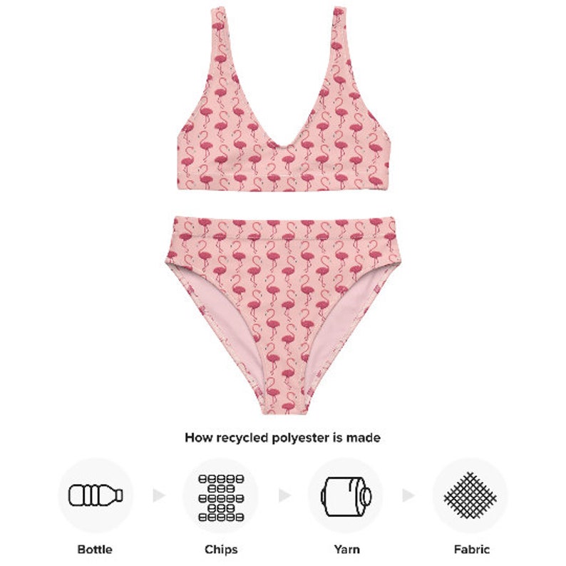 Puede incluir: Un conjunto de bikini de dos piezas con un estampado de flamencos rosas. La parte superior tiene un dise&ntilde;o de cuello en V, y la parte inferior de cintura alta coincide con el estampado de flamencos. La imagen tambi&eacute;n muestra el proceso de fabricaci&oacute;n del poli&eacute;ster reciclado.