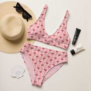 Roze flamingo's bikini met hoge taille, milieuvriendelijk gerecycled materiaal, cadeaus voor haar, tweedelig badpak, bikini met volledige dekking, flamingoliefhebbers